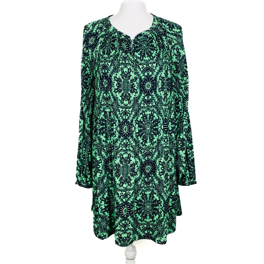NWT LOFT Women L Mini Swing Dress Accordion Pleat Ornate Green Blue Artsy St Pat